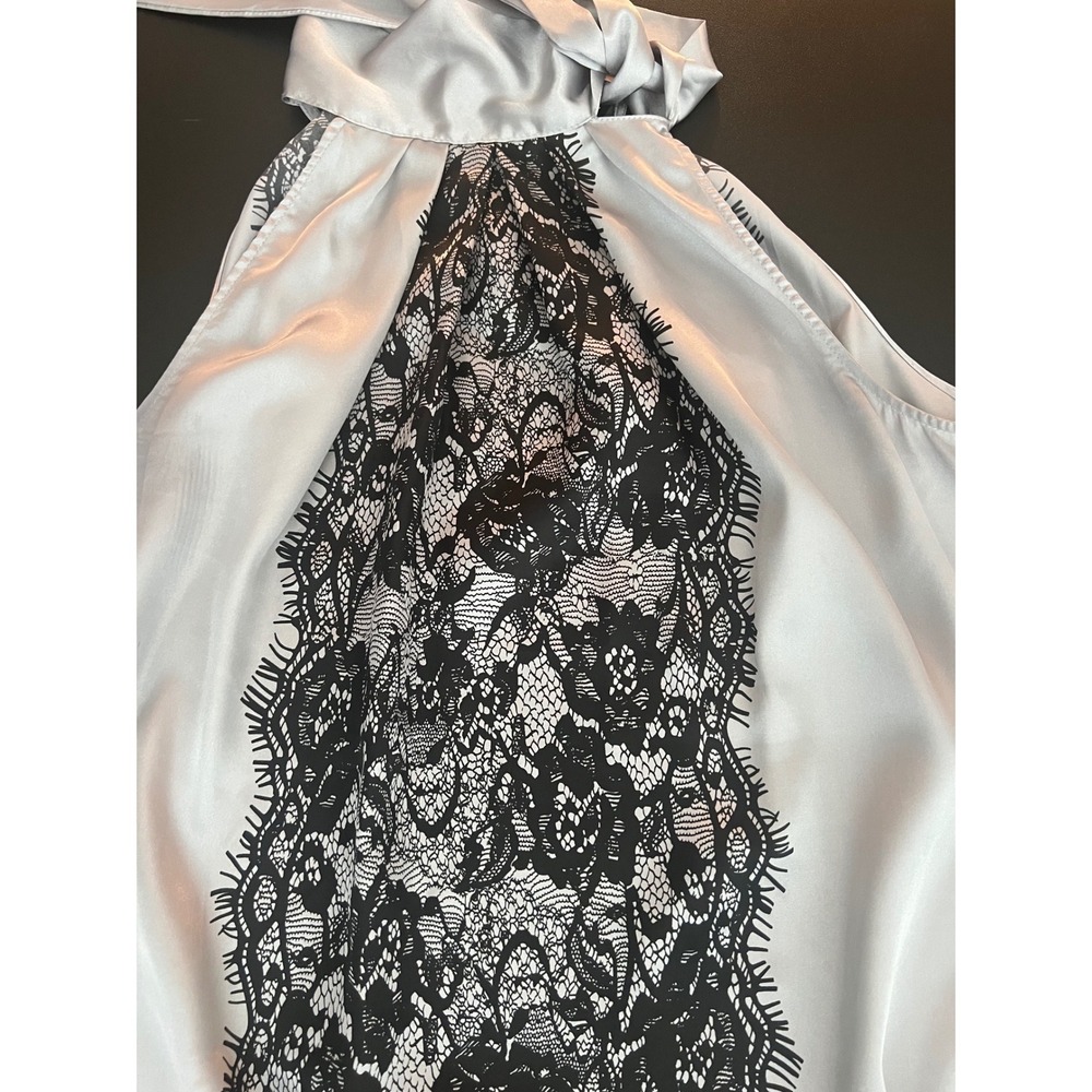 Ashley Stewart Silver Satin Halter Top Black Lace Panel Neck Tie 14W (1135) - Picture 10 of 14